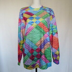 Colorful Checkered Patchwork Print Casual Long Knit Top L